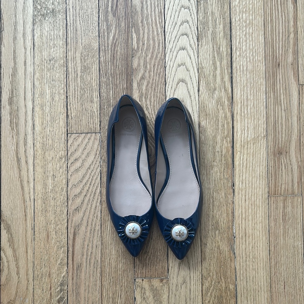 Tory Burch Blue and White Flats with Chic Toe Detail